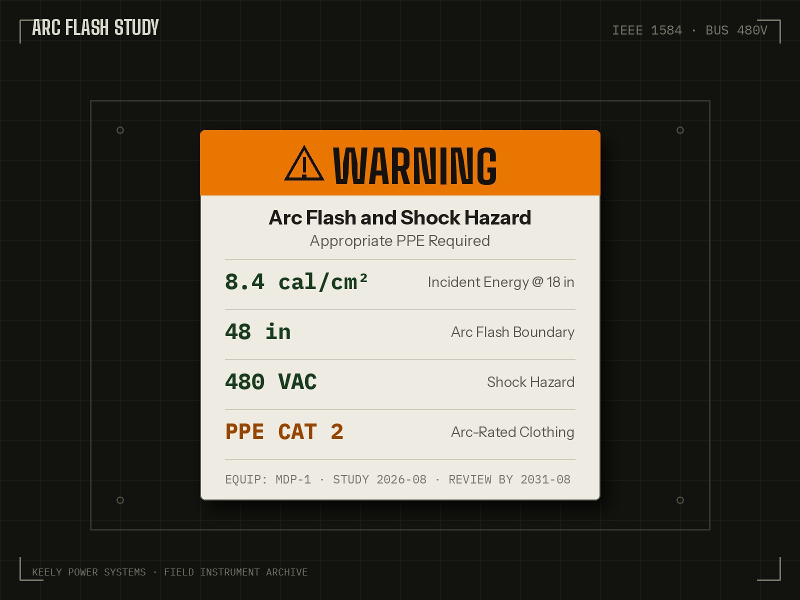 Arc flash warning label with incident energy and PPE category