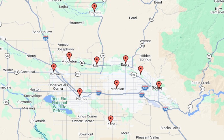 Map of the Treasure Valley service area including Boise, Meridian, Nampa and Caldwell